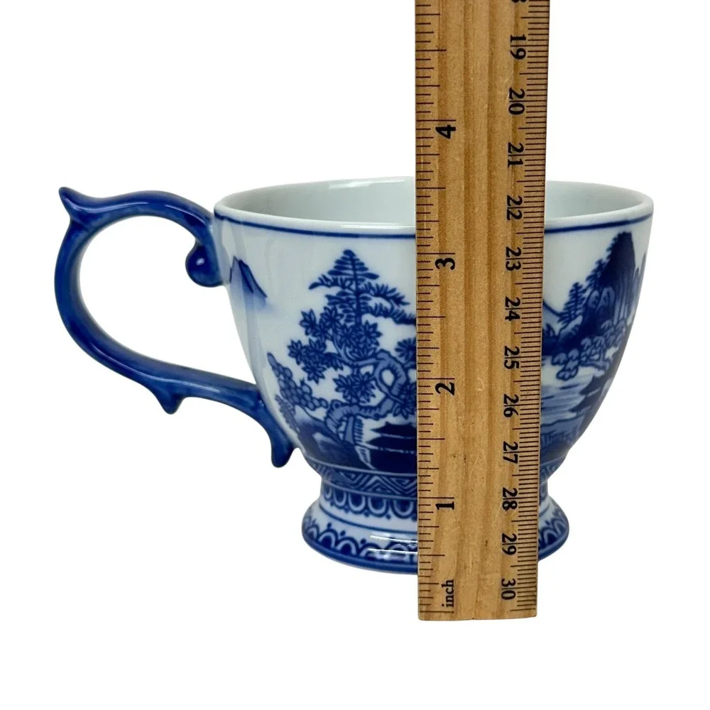 Bombay Four Mountains Blue White Porcelain Teacups Saucers Asian Landscape Set 4